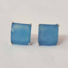 Blue Chalcedony Square Silver Prong Stud Earring